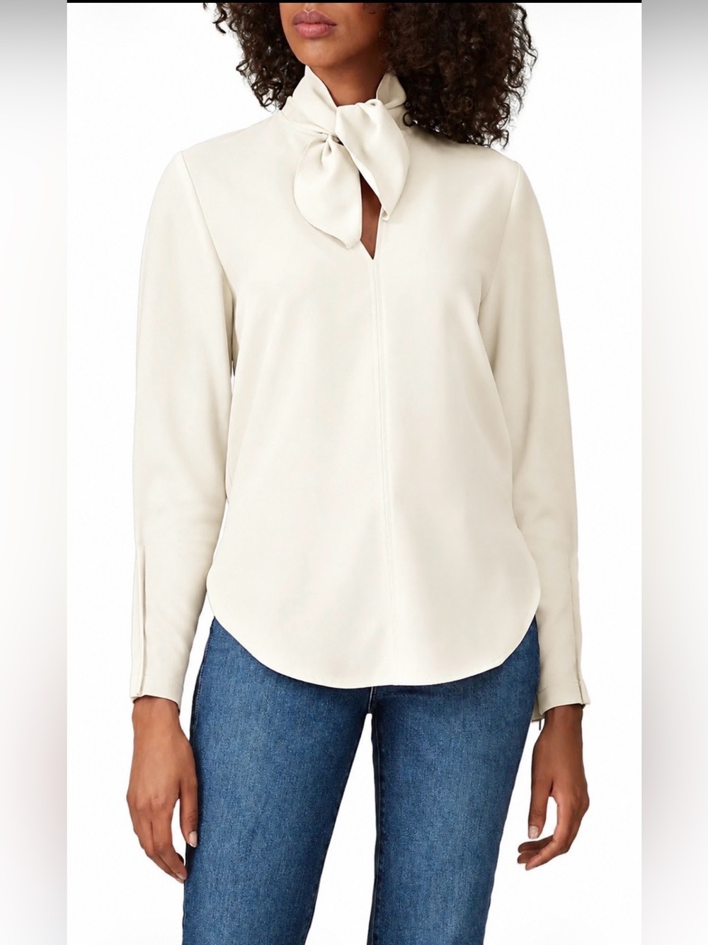 See By Chloe Off White Tie Neck Long Sleeve Blouse Curved Hem Elegant Top Sz 8